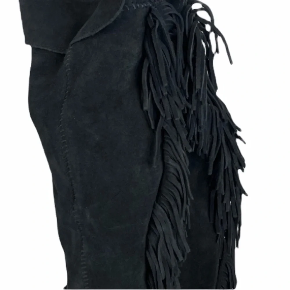 Vintage Suede Boots Black Fringe Knee High Tall Y2K Minnetonka Indian Moccasins